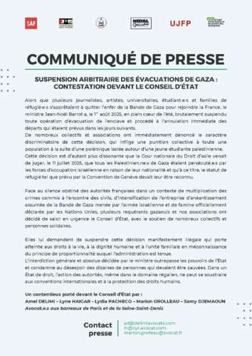 CP finalise Communiqué de presse - Suspension arbitraire des évacuations de Gaza : contestation devant le Conseil d'État