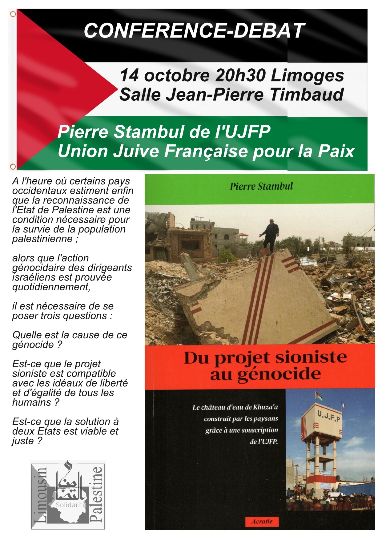 Conference Pierre page 0001 À Limoges (87), conférence-débat avec Pierre Stambul : "Du projet sioniste au génocide"