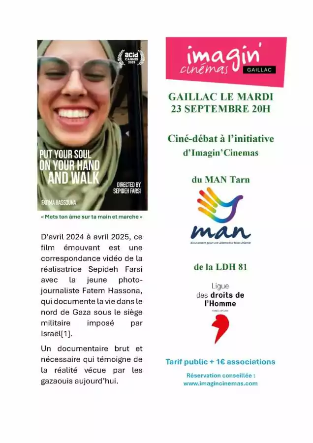 FLYER PUT YOUR SOUL recto À Gaillac (81), projection-débat du film "Put your soul on your hand and walk"