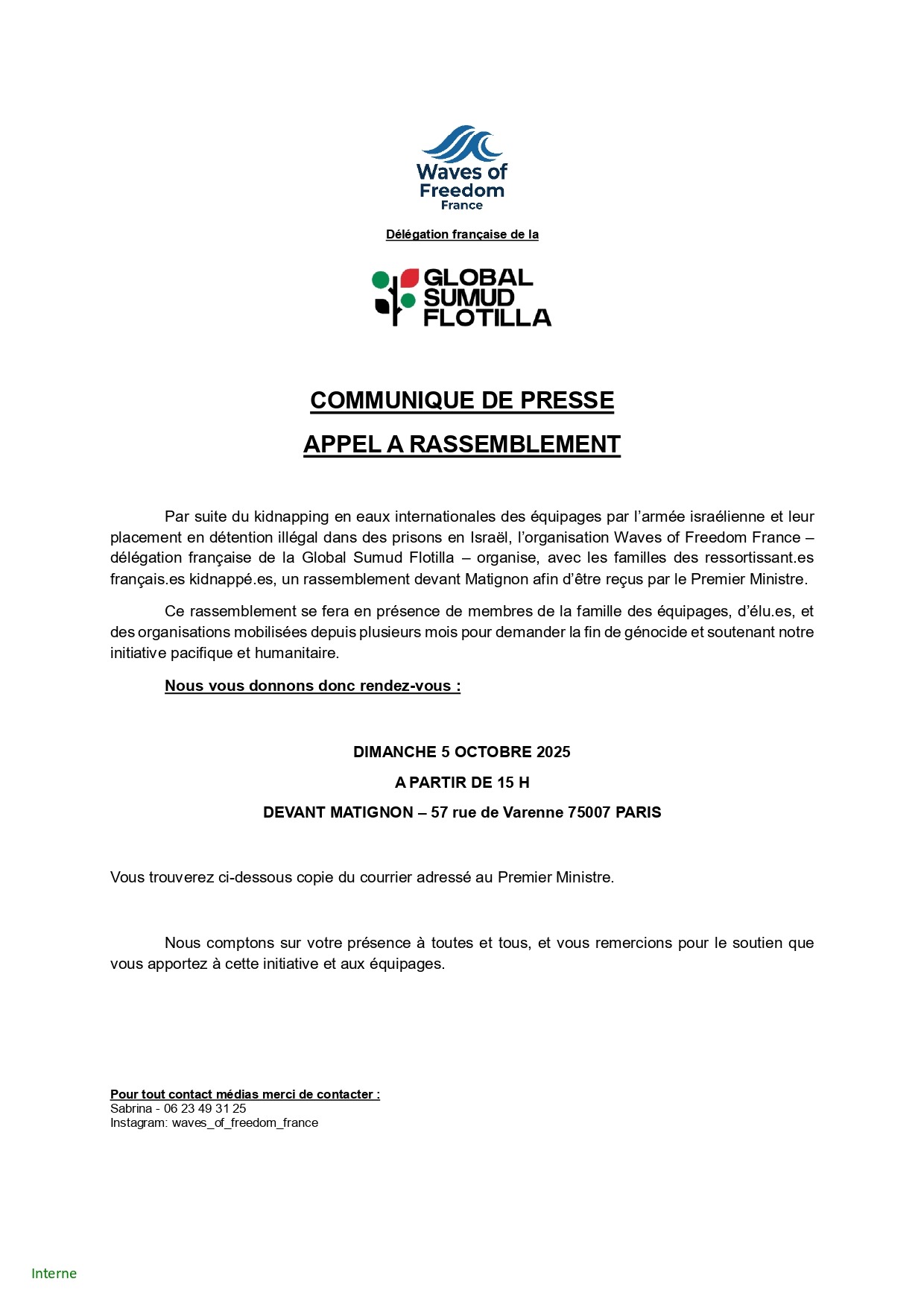 COMMUNIQUE DE PRESSE APPEL A RASSEMBLEMENT DU 5 OCTOBRE page 0001 À Paris (7ème), rassemblement devant Matignon suite au kidnapping des équipages de la Global Sumud Flotilla par l'armée israélienne