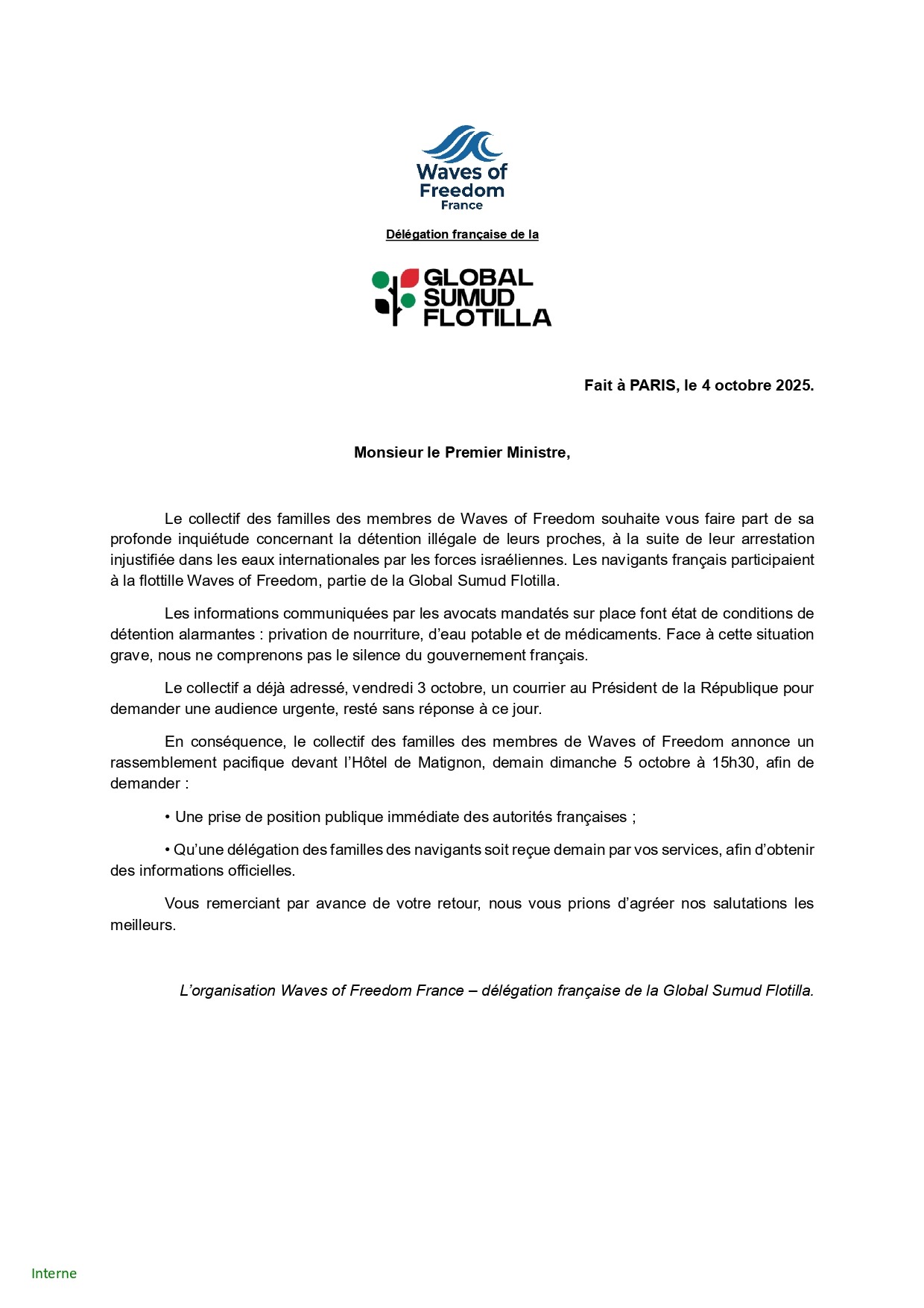 COMMUNIQUE DE PRESSE APPEL A RASSEMBLEMENT DU 5 OCTOBRE page 0002 À Paris (7ème), rassemblement devant Matignon suite au kidnapping des équipages de la Global Sumud Flotilla par l'armée israélienne