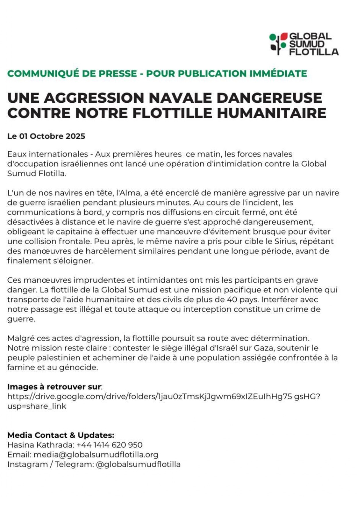Communique de presse Global Sumud Internatinal 1 10 25.jpeg page 0001 UNE AGRESSION NAVALE DANGEREUSE CONTRE NOTRE FLOTTILLE HUMANITAIRE