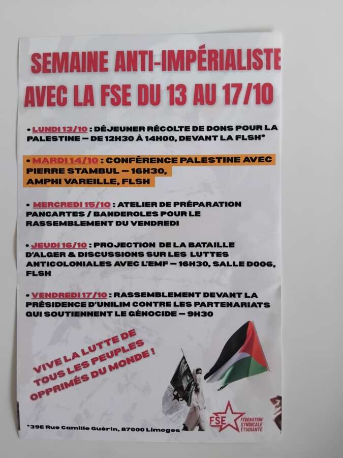 Flyer FSE 14 octobre À Limoges (87), conférence-débat sur la Palestine