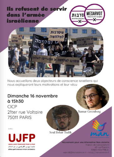 flyer 16 novembre 1 À Paris (11ème), débat avec deux objecteurs de conscience israéliens