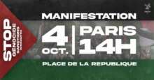 manifestation 4 octobre 25 place de la republique À Paris, manifestation : "Stop génocide, sanctions immédiates contre Israël !"