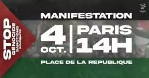 manifestation 4 octobre 25 place de la republique À Paris, manifestation : "Stop génocide, sanctions immédiates contre Israël !"