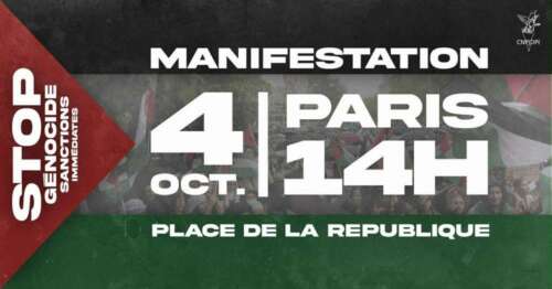 manifestation 4 octobre 25 place de la republique À Paris, manifestation : "Stop génocide, sanctions immédiates contre Israël !"