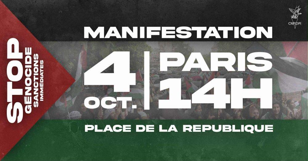 manifestation 4 octobre 25 place de la republique À Paris, manifestation : "Stop génocide, sanctions immédiates contre Israël !"