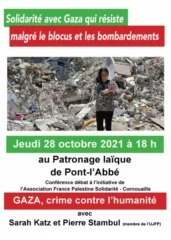 affiche jpg À Pont-L'Abbé, conférence-débat avec Sarah Katz et Pierre Stambul : "Solidarité avec Gaza qui résiste malgré le blocus et les bombardements"