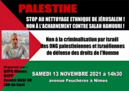 affichette rassemblement 13 nov 2021 2 page 0001 jpg À Nîmes, rassemblement de solidarité avec les organisations palestiniennes de défense des droits de l'homme