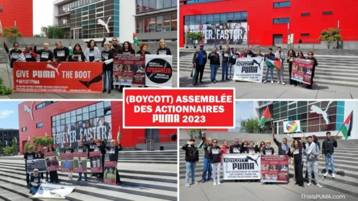 PUMA AGM collage fr 2 jpg Des activistes dénoncent la complicité de PUMA dans l’apartheid israélien lors de l’Assemblée Générale de la société