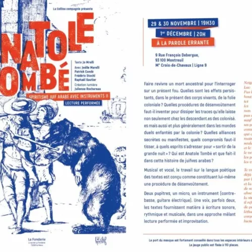 Anatole Tombé, Spiritisme juif arabe avec instruments. Texte de Jo Mrelli. Par Colline Cie. 3 ANATOLE TOMBE invitationWebLPEDEF jpg Anatole Tombé, Spiritisme juif arabe avec instruments. Texte de Jo Mrelli. Par Colline Cie.