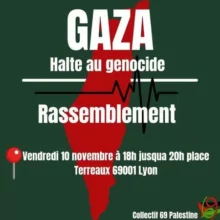 GazaLyon1011 jpg À Lyon, rassemblement de solidarité avec le peuple palestinien : "GAZA : Halte aux crimes contre l’Humanité ! CESSEZ-LE-FEU"