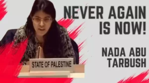 Nada Abu Tarbush jpg « Plus jamais ça, c'est MAINTENANT !» Nada Abu Tarbush, représentante de la Palestine à l'ONU, dénonce les crimes de guerre commis par Israël à Gaza.