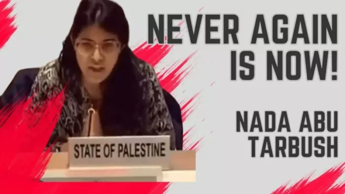 Nada Abu Tarbush jpg « Plus jamais ça, c'est MAINTENANT !» Nada Abu Tarbush, représentante de la Palestine à l'ONU, dénonce les crimes de guerre commis par Israël à Gaza.