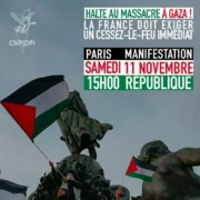 affiche 11 novembre Gaza jpg À Paris, manifestation "HALTE AU MASSACRE A GAZA !"