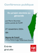 flyer conf stambul À Saint-Etienne (42), conférence de Pierre Stambul : "Du projet sioniste au génocide"