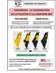 2025.01.26 Affiche A4 Conference Salernes Fond Blanc cor V3 page 0001 À Salernes (83), conférence : "La colonisation de la Palestine et la Campagne BDS" avec Pierre Stambul et Juliette Simon