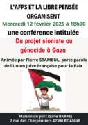 Flyer Conference Pierre STAMBUL 1 page 0001 À Roanne (42), conférence animée par Pierre Stambul "Du projet sioniste au génocide"