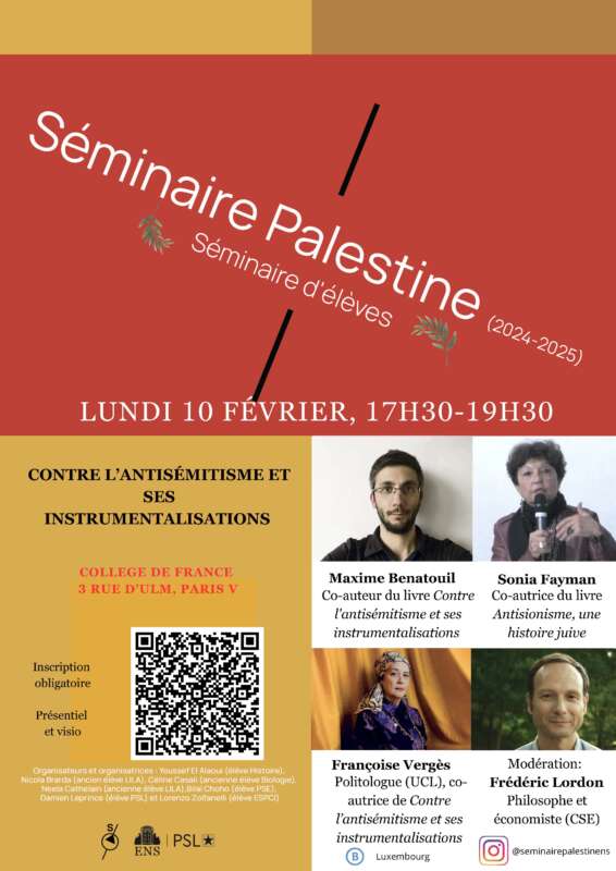 Seminiare Palestine ENS 1a fevrier Maxime Benatouil Sonia Fayman Frederic Lordon et Francois Verges Intervention de Sonia Fayman au séminaire Palestine ENS sur le thème "Contre l'antisémitisme et ses instrumentalisations"