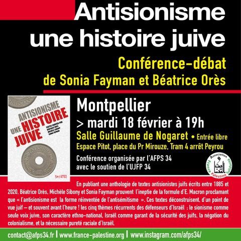 antimontpellier À Montpellier (34), conférence -débat de Sonia Fayman et Béatrice Orès : "Antisionisme, une histoire juive"