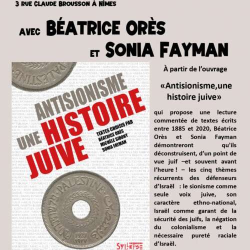 Projet daffiche pour le 5 mai À Nîmes (30), conférence-débat autour du livre "Antisionisme, une histoire juive"