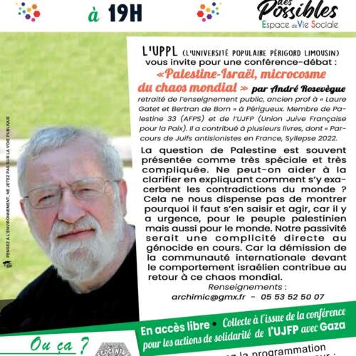 view À St-Pierre de Frugie (24) : conférence de André Rosevègue "Palestine-Israël, microcosme du chaos mondial"
