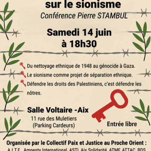 Affiche3 PierreMAJ 002 À Aix-en-Provence (13), conférence de Pierre Stambul : "Un point de vue juif sur le sionisme"