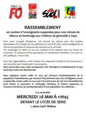 IMG 20250522 WA0018 002 À Sens (89), rassemblement en soutien à l'enseignante suspendue pour une minute de silence en hommage aux victimes du génocide à Gaza