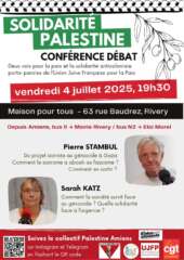 AmiensPierreSarah À Amiens (80), conférence-débat "Solidarité Palestine" avec Pierre Stambul et Sarah Katz de l'UJFP
