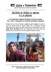 Flyer Gaza copie À Frontignan (34), Projection du film "Aimer la mer à Gaza" suivie de la présentation du livre "Gaza. Mort Vie Espoir " avec Brigitte Chalande