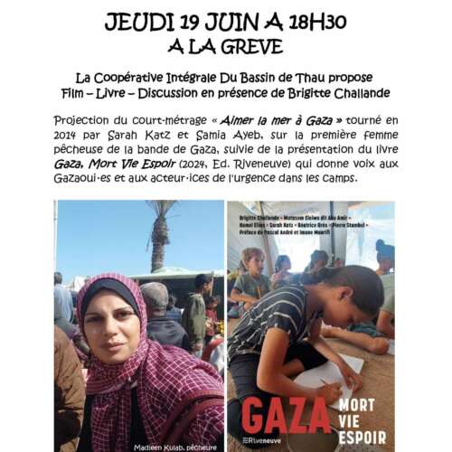 Flyer Gaza copie À Frontignan (34), Projection du film "Aimer la mer à Gaza" suivie de la présentation du livre "Gaza. Mort Vie Espoir " avec Brigitte Chalande