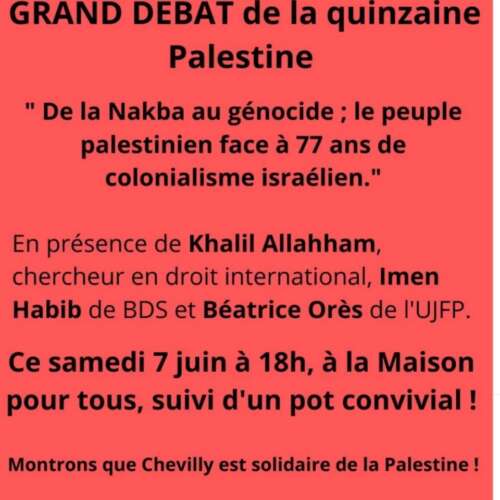 Screenshot 2025 06 07 at 14 42 05 Instagram À Chevilly-Larue (94), grand débat "de la Nakba au génocide ; le peuple palestinien face à 77 ans de colonialisme israélien"