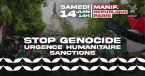 Stopgenorepu14j À Paris, manifestation : "À Gaza le génocide se déroule sous nos yeux - Exigeons des sanctions contre Israël pour que cela cesse - Exigeons des actes, immédiatement !"