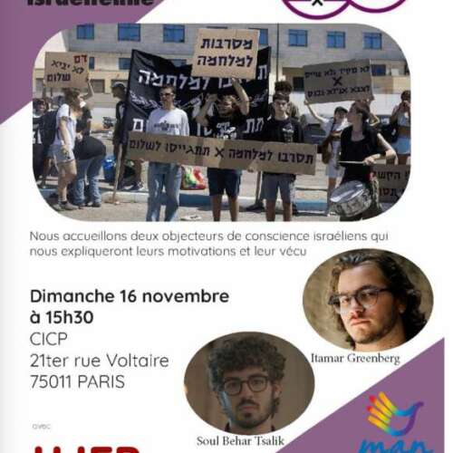 flyer 16 novembre 1 À Paris (11ème), débat avec deux objecteurs de conscience israéliens