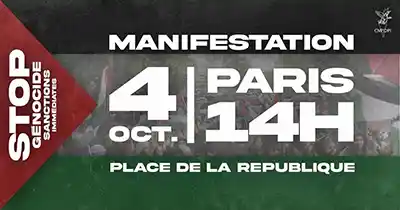 À Paris, manifestation : "Stop génocide, sanctions immédiates contre Israël !" 3 Flyer aux couleurs du drapeau palestinien manifestation 4 octobre paris