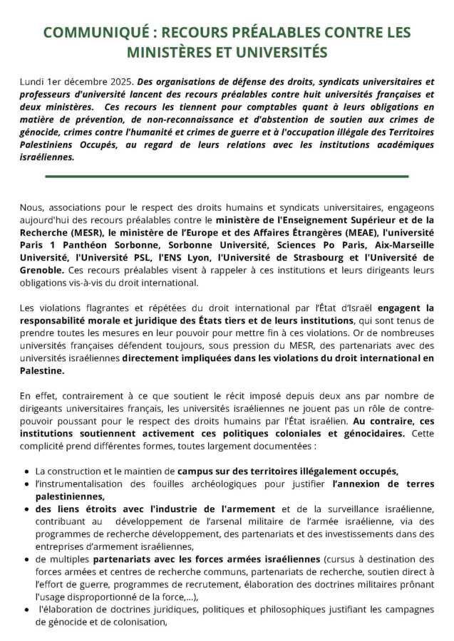 1 12 25 COMMUNIQUE RECOURS PREALABLES Page 1 Communiqué : recours préalables contre les ministères et universités