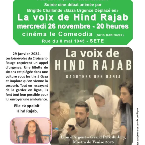 Flyer 26 novembre 2025 1 À Sète (34), ciné-débat autour du film "La Voix de Hind Rajab"