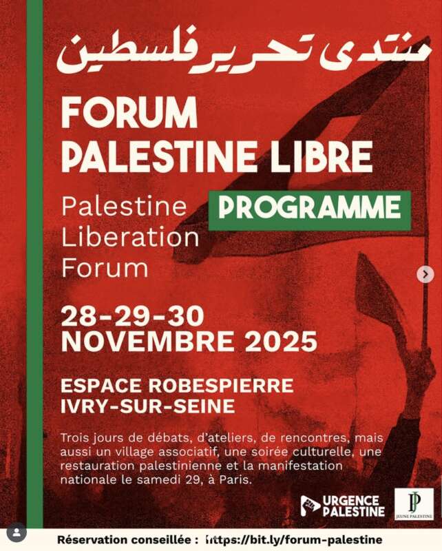 Programme forum 1 À Ivry (94) Forum Palestine libre