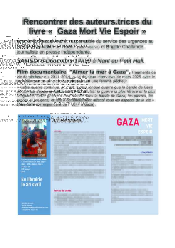presentation livre Gaza VME Nant 6 dec def À Nant (12), projection-débat de "Aimer la mer à Gaza"