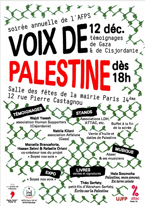 Soiree AFPS 12 12 25 À Paris (14e), Voix de Palestine