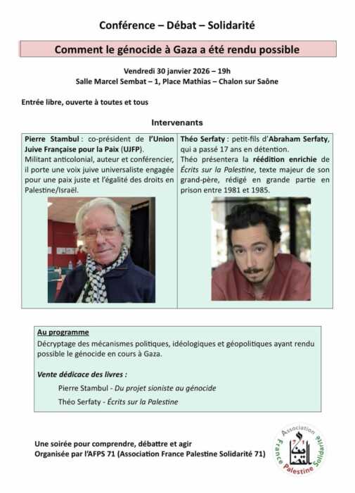 WhatsApp Image 2026 01 08 at 16.36.27 scaled À Chalon-sur-Saône (71), Conférence-débat avec Pierre Stambul et Théo Serfaty : "Comment le génocide à Gaza a été rendu possible"
