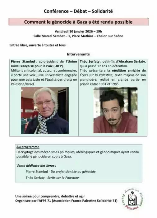 WhatsApp Image 2026 01 08 at 16.36.27 scaled À Chalon-sur-Saône (71), Conférence-débat avec Pierre Stambul et Théo Serfaty : "Comment le génocide à Gaza a été rendu possible"