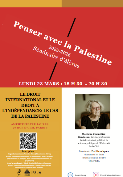 23 mars ENS À Paris (5ème), séminaire : le droit international et le droit à l'indépendance, le cas de la Palestine