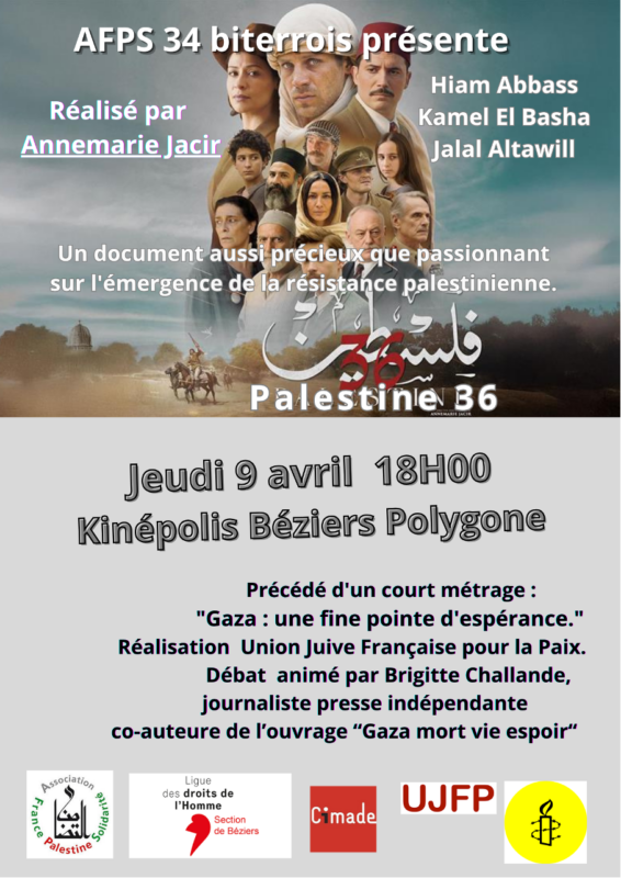 flyer 9 avril Beziers À Béziers (34), projection-débat de "Palestine 36"