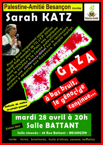 2026 04 28 conference sarah KATZ Salle Battant Vdef Enregistrement de la conférence-débat : Gaza, à bas bruit, le génocide continue du 28 avril 2026