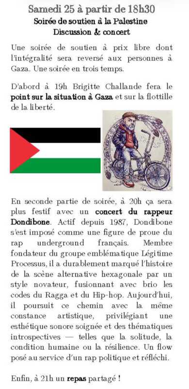 flyer 25 avril Challande À Frontignan (34), soirée de soutien à la Palestine