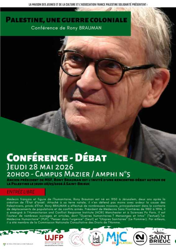 À Saint-Brieuc (22), conférence de Rony Brauman "Palestine, une guerre coloniale" 3 Conference debat R. BRAUMAN du 28 05 2026 scaled À Saint-Brieuc (22), conférence de Rony Brauman "Palestine, une guerre coloniale"