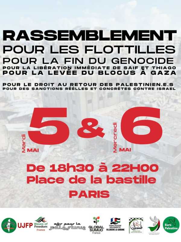 Visuel Bastille 56 mai À Paris, rassemblement de soutien à la flottille