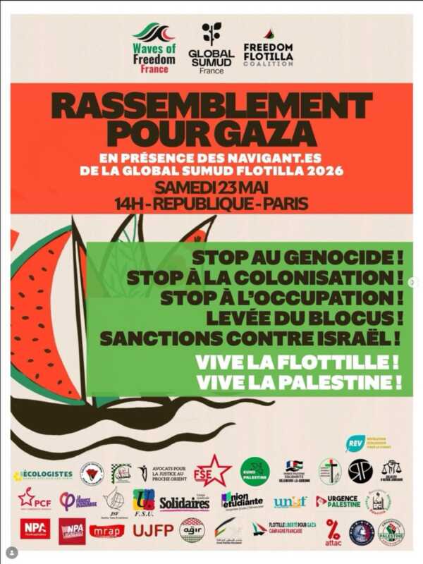 flyer manif 23 mai À Paris, rassemblement pour Gaza
